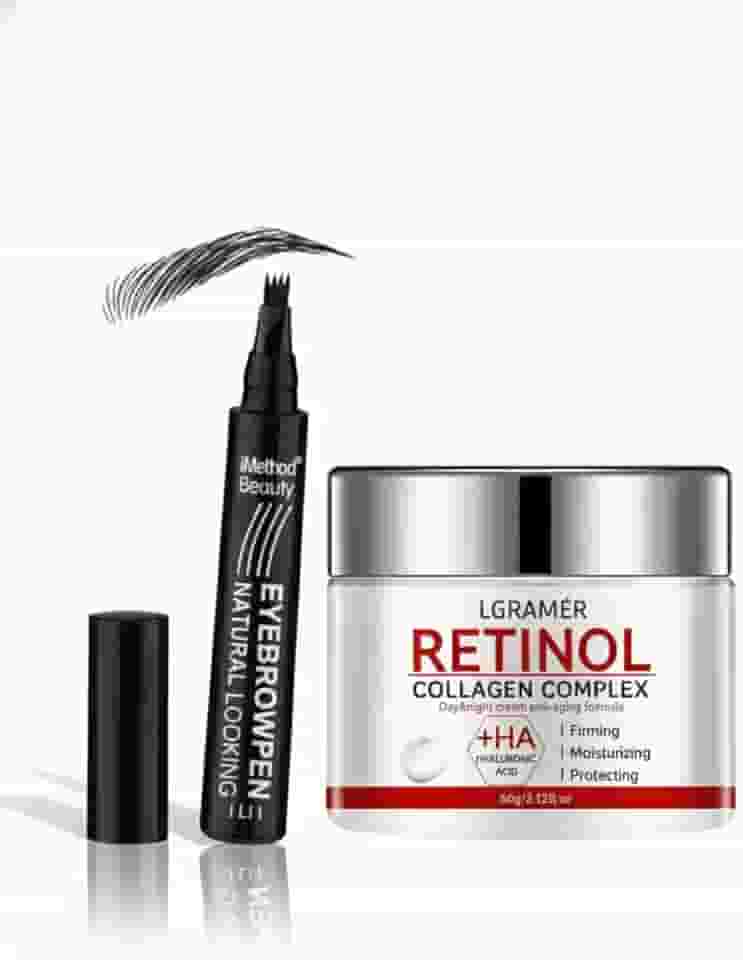 Kit Beleza Total: Creme Retinol + Colágeno 30g Anti-Idade + Lápis de Sobrancelha Alta Precisão - Hidrata, Firma e Preenche.