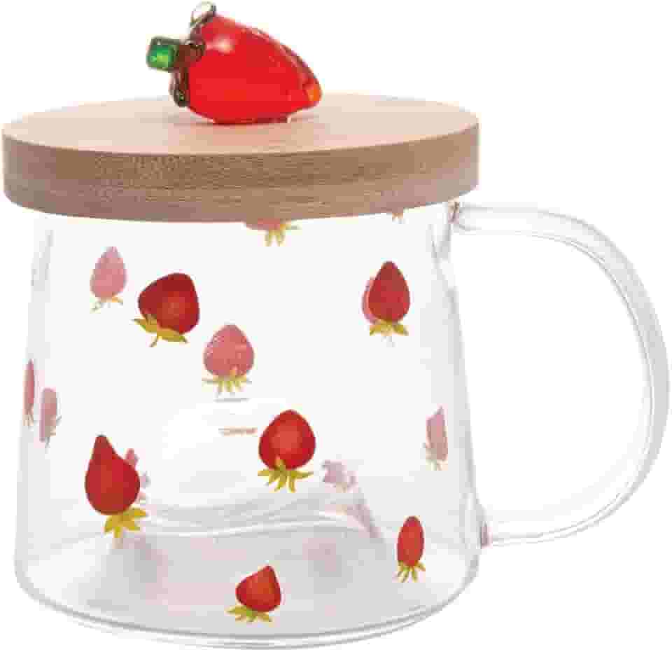 LYOR - Caneca de Vidro Borossilicato Resistente ao Calor com Pires de Bambu Morango 350ml