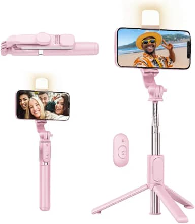 Bastão de Selfie 3 em 1 com Tripé, Luz de LED, Controle Bluetooth, Rotação 360° e Extensão até 1m – Compatível com iPhone e Android, Leve e Portátil (Rosa)