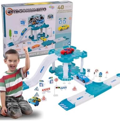 Pista de Carros de Corrida com Estacionamento, 40 Peças, Garagem de Brinquedo com Rampas e Acessórios WELLMIX