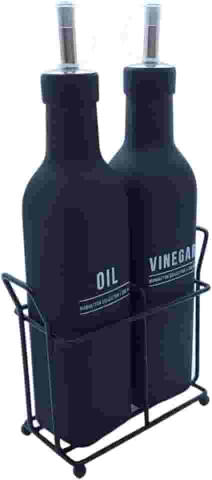 Galheteiro Preto Fosco Manhattan Óleo Vinagre Azeite 300ml 3 Peças