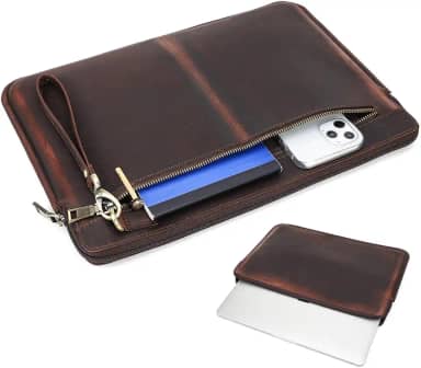 Pasta CONTACTS de Couro Legítimo para Notebook 15.4/16' com Zíper para Documento ou Celular, Material Premium, Organizador de Acessórios, Bolsa Executiva de Luxo(Marrom)