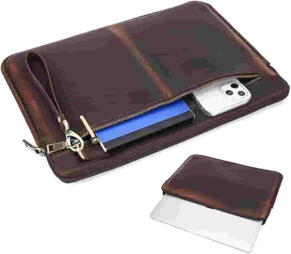 Pasta CONTACTS de Couro Legítimo para Notebook 15.4/16' com Zíper para Documento ou Celular, Material Premium, Organizador de Acessórios, Bolsa Executiva de Luxo(Marrom)