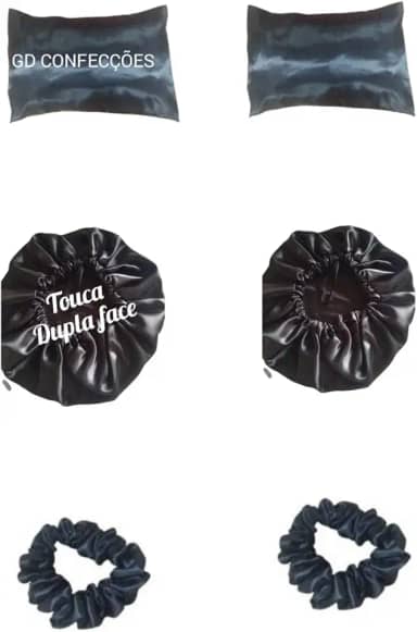 2 Fronha De Cetim + 2 Toucas dupla faces + 2 Xuxinhas de cetim (Preto)