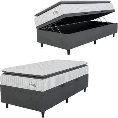Cama Box Baú Colchão Solteiro Molas Ensacadas City Pillow Top 88x188x64cm Branco/Cinza Hellen - Suporta até 110kg por Pessoa