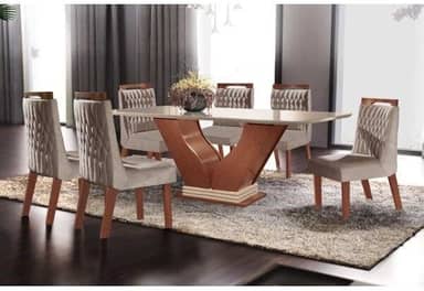 Conjunto Sala de Jantar Mesa com Tampo de Vidro Safira 6 Cadeiras Atena Lj Móveis Castanho Premio/Off White/Pena Bege