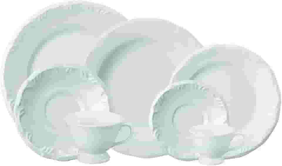 Serviço de Jantar Chá Café 42 peças em Porcelana. Modelo Redondo com Relevo Pomerode. Branca. Fabricado pela Schmidt.