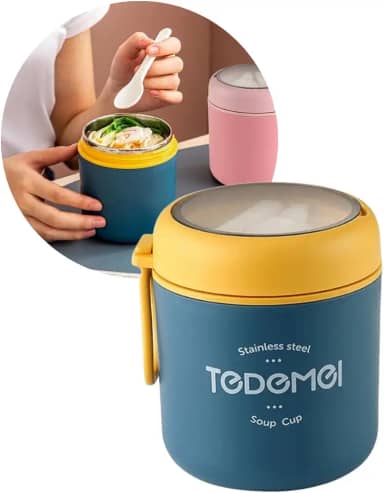 Pote Térmico Para Bebê Papinha Comida Quente Fria 530ml Aço Inox Vedado Lavável Com Talher Alça E Design Infantil Premium Para Escolas Creches Passeios Viagens (Azul)