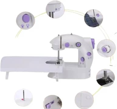 Mini Máquina de Costura Portátil, 2 Velocidades, Bivolt, Compacta com Pedal, Branca e Lilás