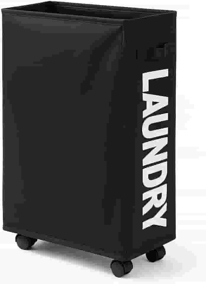 Cesto de roupa suja fino com rodinhas de 63,5 cm, cesto de roupa suja dobrável com alça, organizador e organizador de roupa suja dobrável, cesto de armazenamento alto Modelo Atualizado (Preto)