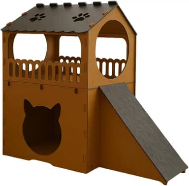 BOXFAN Casinha Casa de Gato Toca Para Gatos 2 Andares Rampa Arranhador Brinquedo Gatinho Playground Mdf Parquinho Casa Grande Beliche Luxo Diversão com Carpete para Gatos Filhotes e Adultos