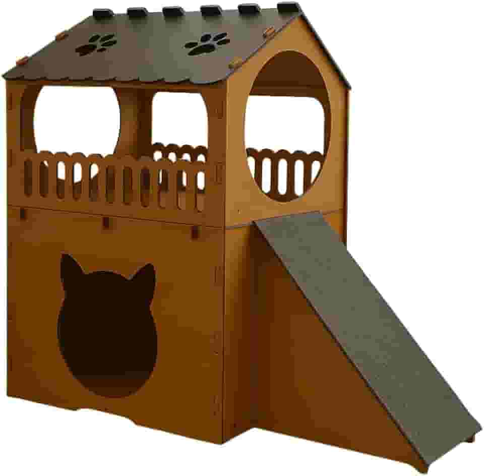 BOXFAN Casinha Casa de Gato Toca Para Gatos 2 Andares Rampa Arranhador Brinquedo Gatinho Playground Mdf Parquinho Casa Grande Beliche Luxo Diversão com Carpete para Gatos Filhotes e Adultos