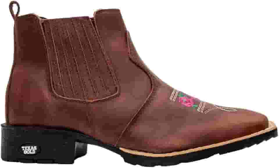 Bota Feminina Texana Couro Café Cano Curto Bordado Bico Quadrado