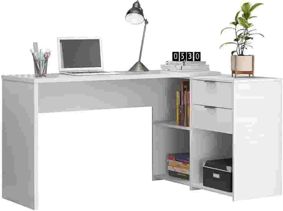 Mesa de Canto Escrivaninha em L Notavel com 2 Gavetas 3 Portas para Escritorio Branco