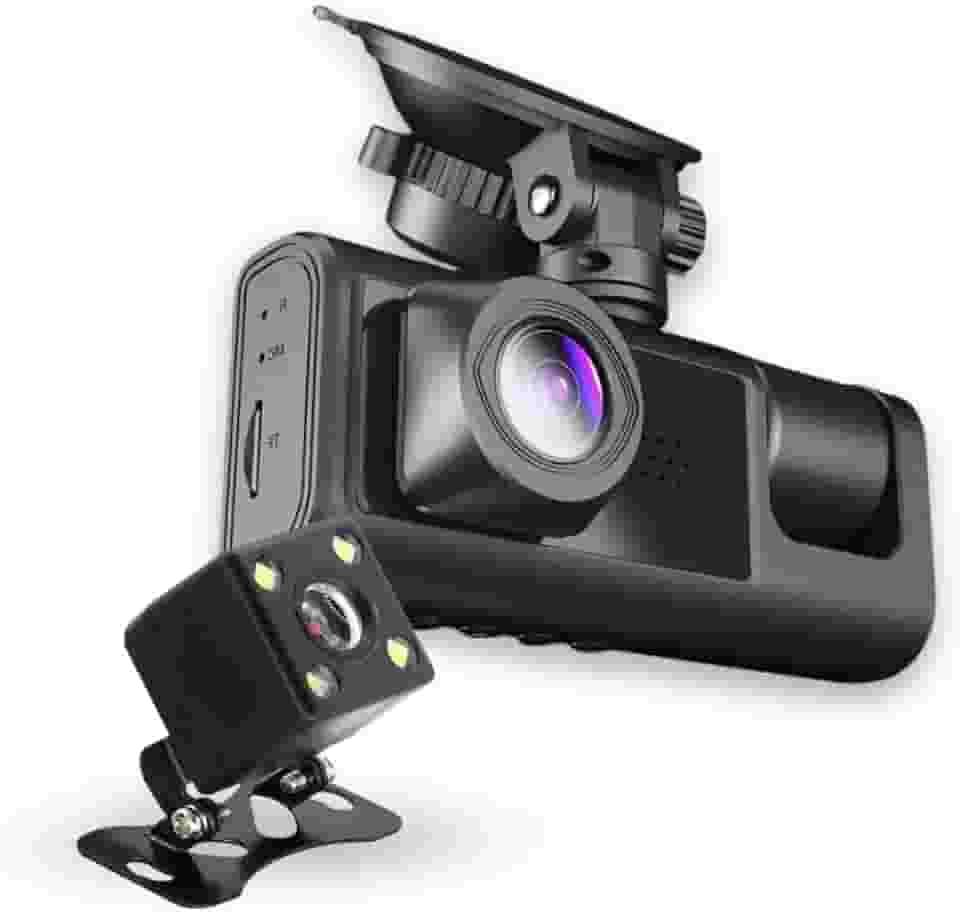 Câmera Veicular 3 Lentes Full HD 1080p, Gravação 360°, Visão Noturna, Sensor G, Detecção de Movimento, Tela LCD, Suporte 32GB