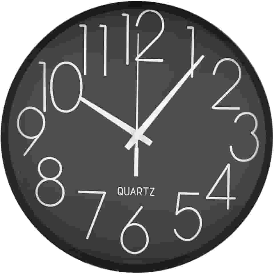 Relógio de Parede 24 cm com Números Grandes Brancos Leitura Fácil, Design Moderno, Instalação Simplificada na Cor Preta