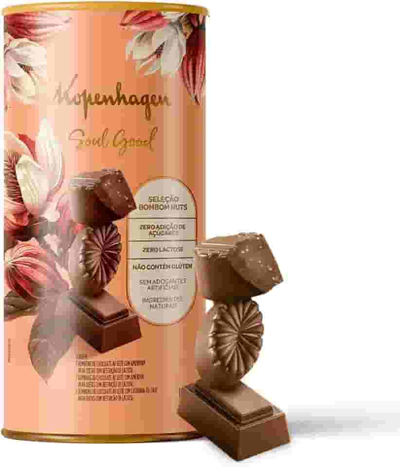 Lata Bombons de Chocolate ao Leite Zero Lactose com Amendoim Nuts Soul Good 194G Presente Premium Kopenhagen Soul Good Zero Açúcar, Sem Glúten, 194g, 20 Unidades
