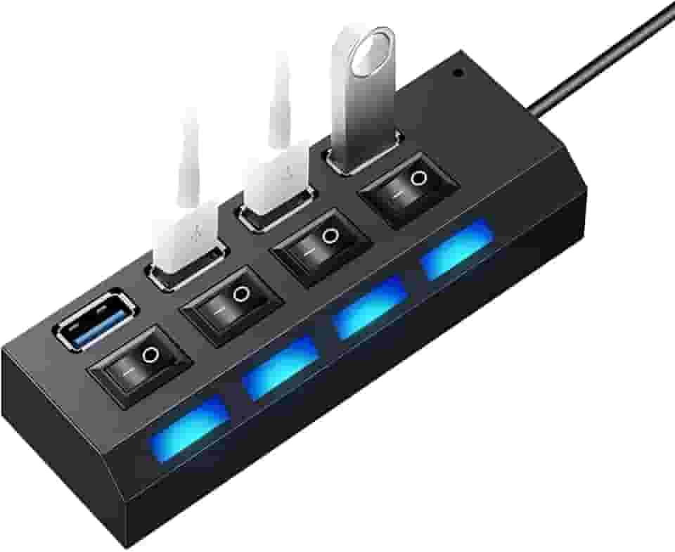 Hub USB 2.0 com 4 Portas – Extensão para PC, Notebook, HD Externo, Pendrive - Plug & Play, Ideal para Periféricos - Botões Liga/Desliga - Luz de Led