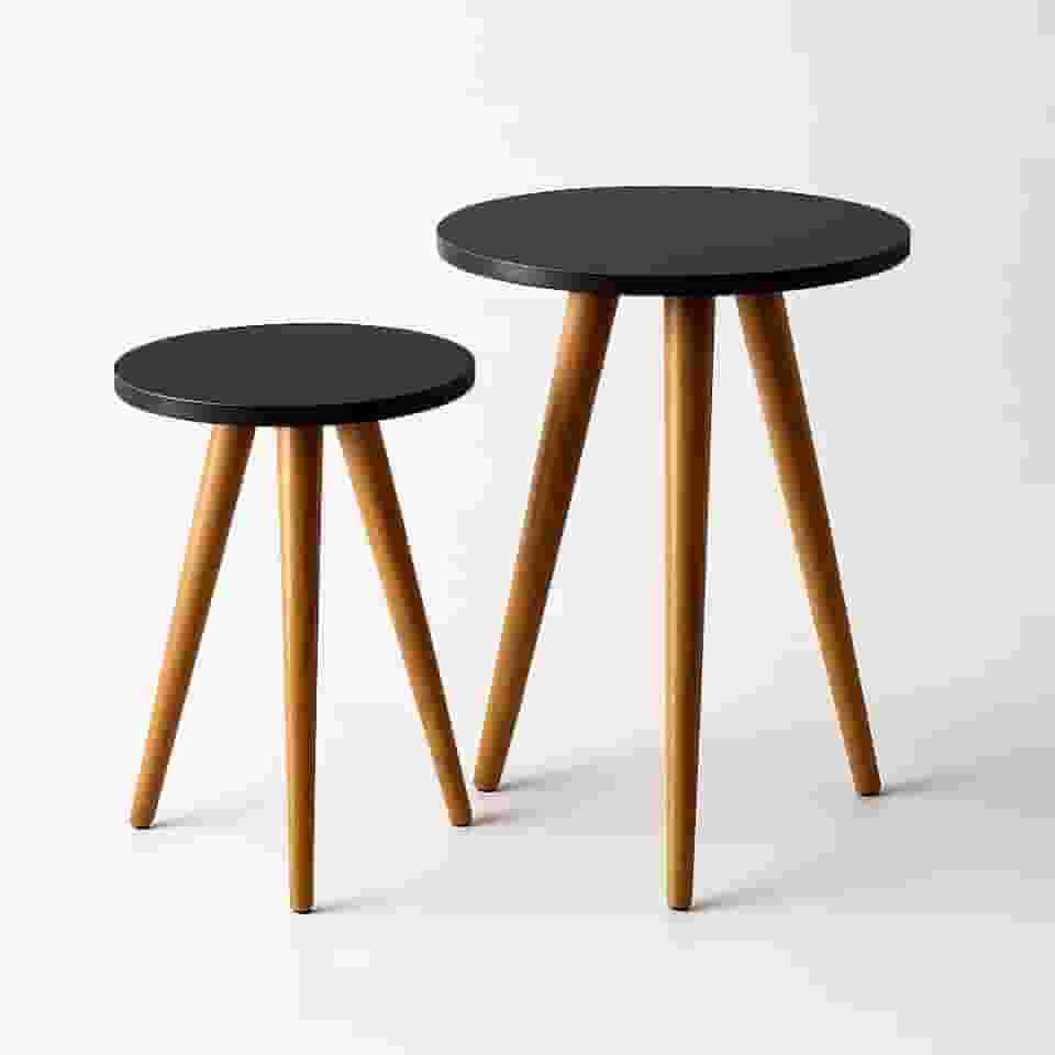 Mesa De Apoio Redonda Preta 2 Mesas Pé Palito Madeira