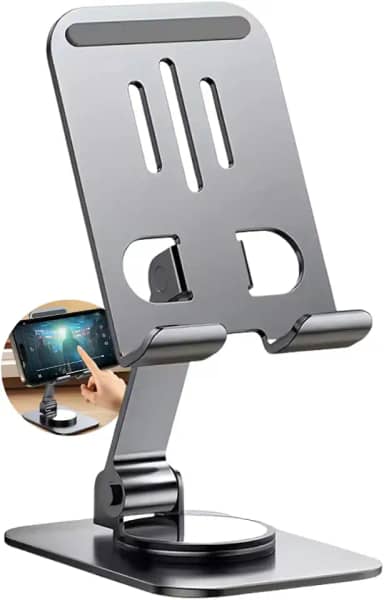 Suporte de Celular Mesa Universal em Metal Base Estável Antiderrapante, Suporte Tripé Selfie Articulado com Giro 360°, Dobrável, Leve, Ideal para iPhone, Android, iPad e Smartphones