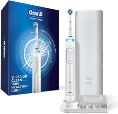 Oral-B Escova de dentes elétrica recarregável Smart 5000, preta com estojo de viagem e Bluetooth - sensor de pressão visível para proteger as gengivas - 5 modos de limpeza - temporizador de 2 minutos