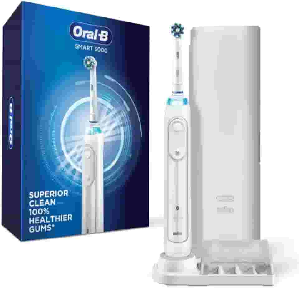 Oral-B Escova de dentes elétrica recarregável Smart 5000, preta com estojo de viagem e Bluetooth - sensor de pressão visível para proteger as gengivas - 5 modos de limpeza - temporizador de 2 minutos
