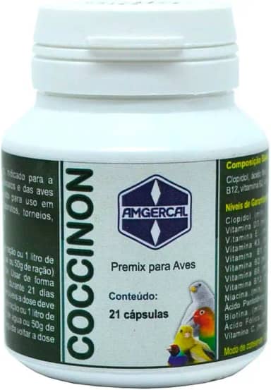 Coccinon Vitasol Amgercal - 21 cápsulas - 15g Comprimido Premix Vitamina Tratamento Coccidiose Suplemento Vitamínico Solúvel para Pássaros e Aves Cativas