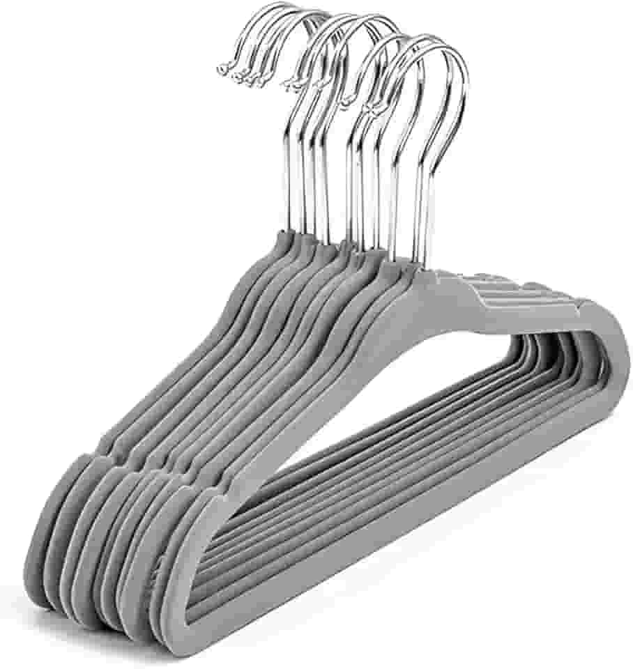 Kit 10 Cabides Slim de Veludo com Gancho Giratório Cromado – Antiderrapante, Ultrafino e Reforçado para Roupas Delicadas e Pesadas (Cinza)