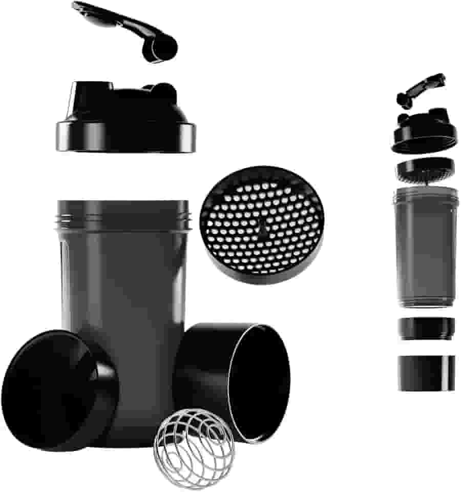 Coqueteleira Shaker Academia Compartimento Suplementos Divisórias 500ml (Preto)