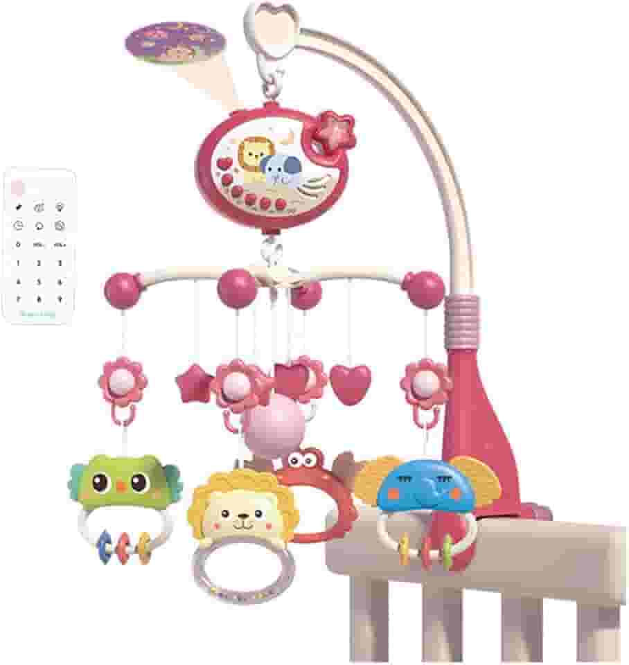HUIOP Móbile fofo para berço com luzes de música, projeção de estrelas, brinquedos giratórios pendurados, brinquedos para berço com controle remoto, deação de cama infantil para meninos e meninas