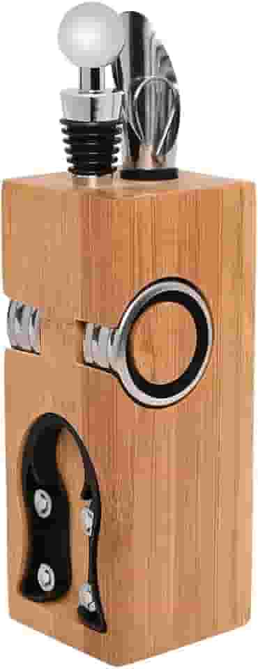 Mimo Style Jogo Para Vinho Com 6 Pçs e Suporte de Bambu, Inclui Saca-Rolhas, 2 Anéis Salva Gotas, Cortador de Lacre, Tampa e Bico Dosador, Produzidos em Inox, Material Neutro e Inodoro
