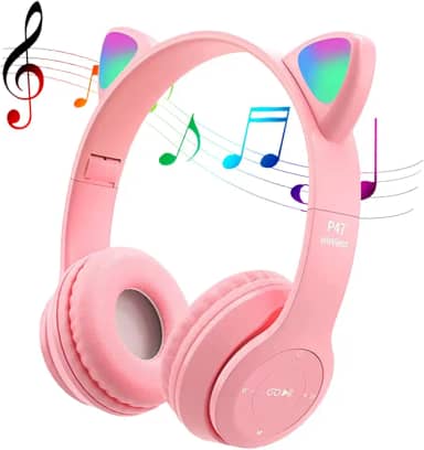 Fone De Ouvido POTIKA Bluetooth 5.0 Sem Fio Em Formato de Orelha de Gato, Cancelamento de ruído, Rosa