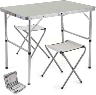 Kit Mesa Dobrável Portátil 2 Bancos Alumínio Camping Praia