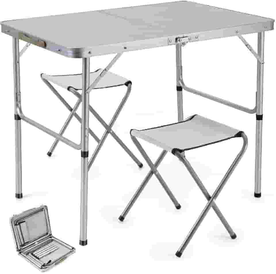 Kit Mesa Dobrável Portátil 2 Bancos Alumínio Camping Praia