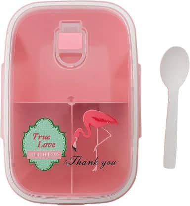 Marmita com Divisórias, Tampa Hermética Transparente, 1200ml, 4 Travas de Segurança, Colher Inclusa, Design Flamingo (Rosa)