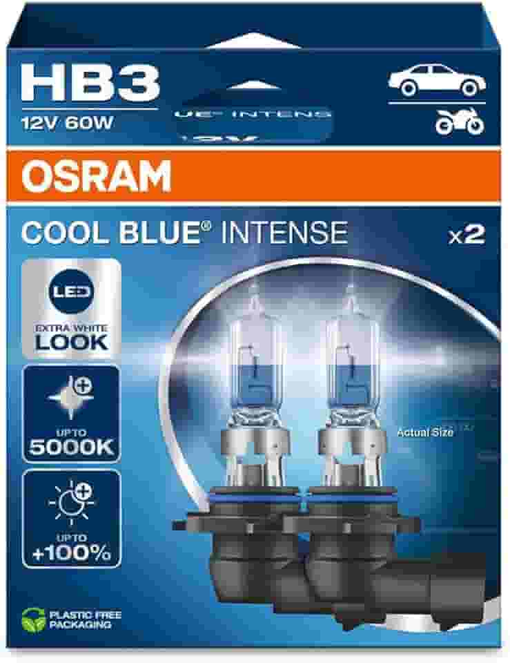 OSRAM COOL BLUE INTENSE HB3, +100% mais brilho, até 5.000K, lâmpada de farol de halogêneo, aparência de LED, caixa dobrável suspensa (2 lâmpadas)