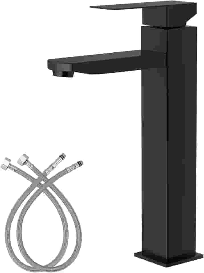 Torneira de Cascata Alta Aço Inoxidável Manípulo Único para Banheiro Torneira para Lavatório com 2 Linhas de Abastecimento de Agua (Preto)