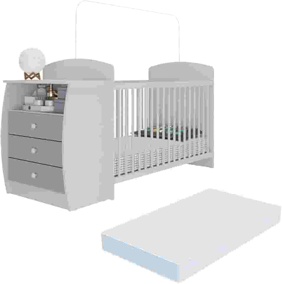 Berço Cômoda Multifuncional Colinho de mãe com colchão incluso Multimóveis Branco/Cinza