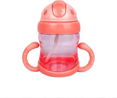 Garrafa de Treinamento Infantil 220ml com Canudo Retrátil – Antivazamento, Alças Laterais, Plástico Rosa