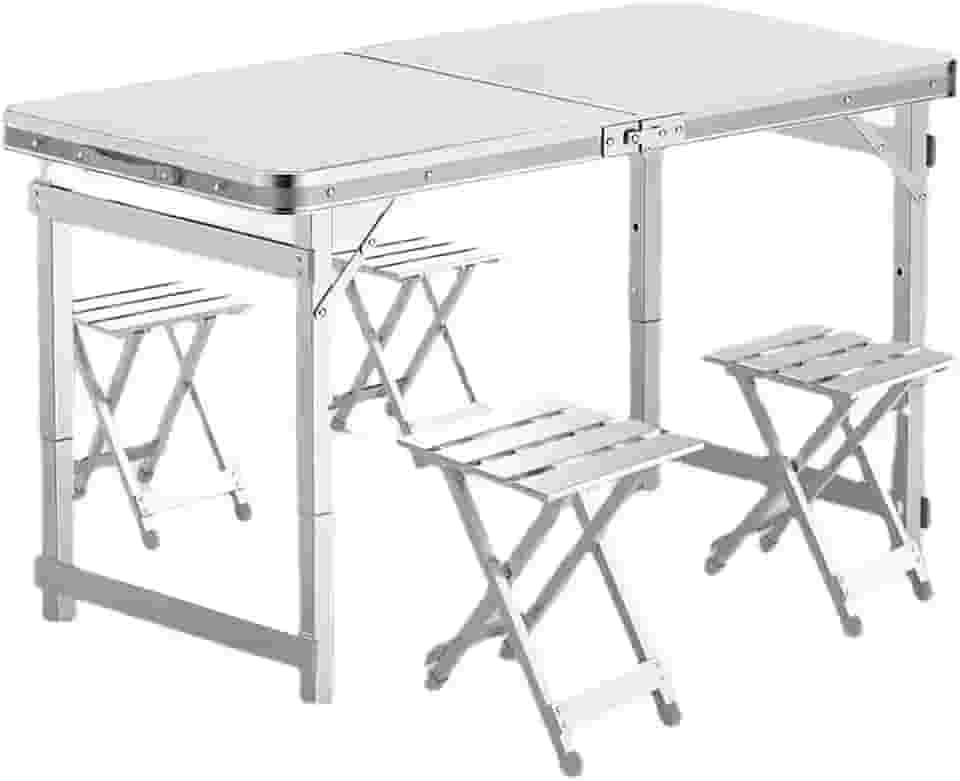 Mesa Dobrável Portátil para Churrasco e Camping ao Ar Livre com 4 Bancos de Alumínio – Compacta, Leve e Ideal para Viagens, Piqueniques e Praia