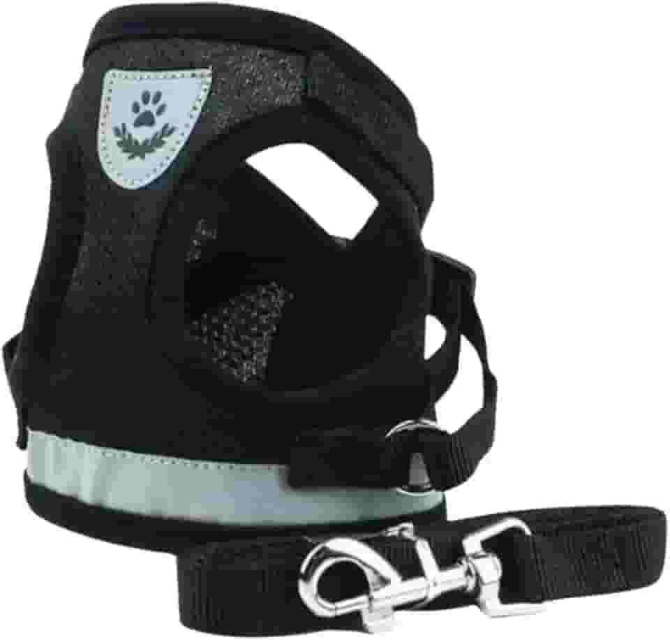 Coleira Peitoral para Cachorros e Gatos com Colete Reflexivo Regulável e Guia de Passeio (PRETO, S)