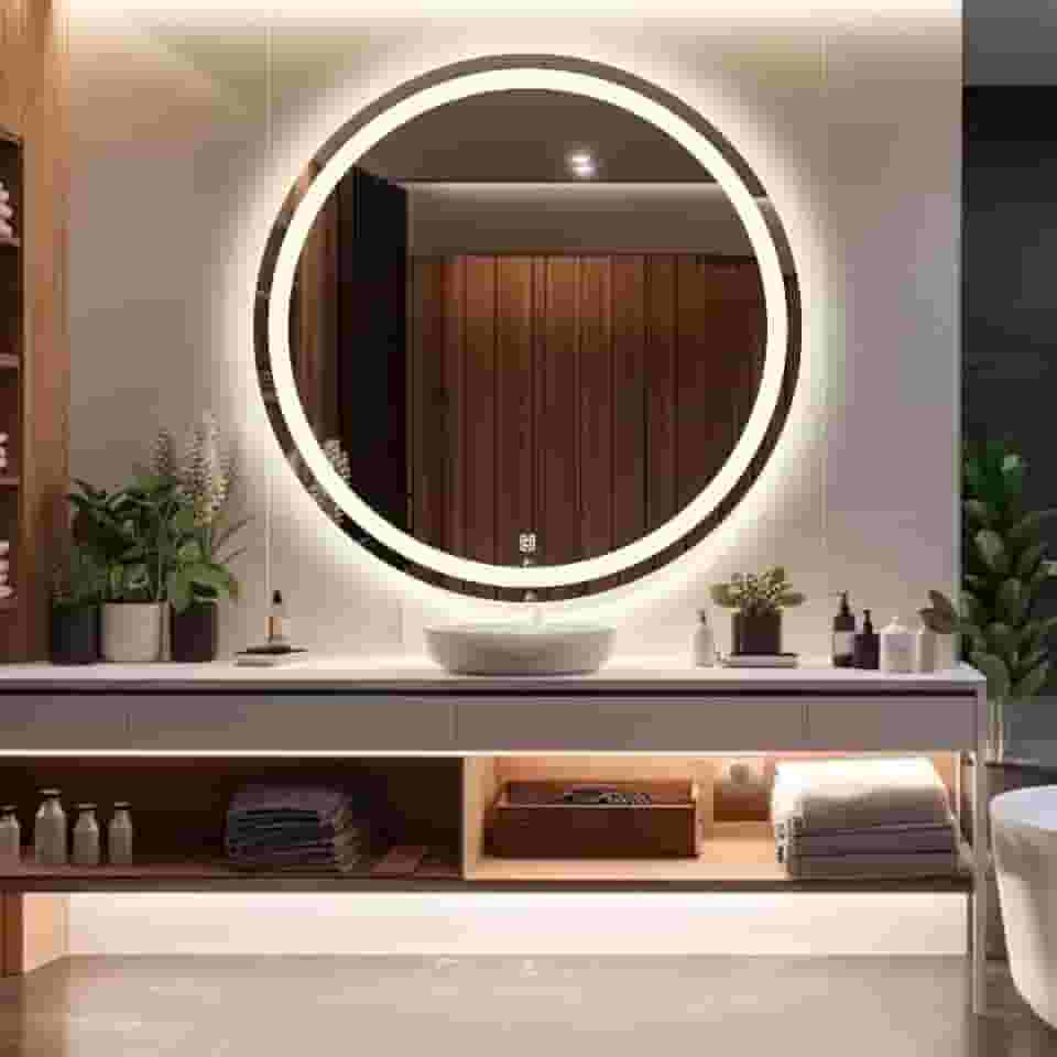 Espelho jateado parede lapidado decorativo redondo 60x60cm luz led touch Screen Dimerisável luxo Iluminado Pendurador - Led quente, neutro ou frio (Led Neutro 4000k)