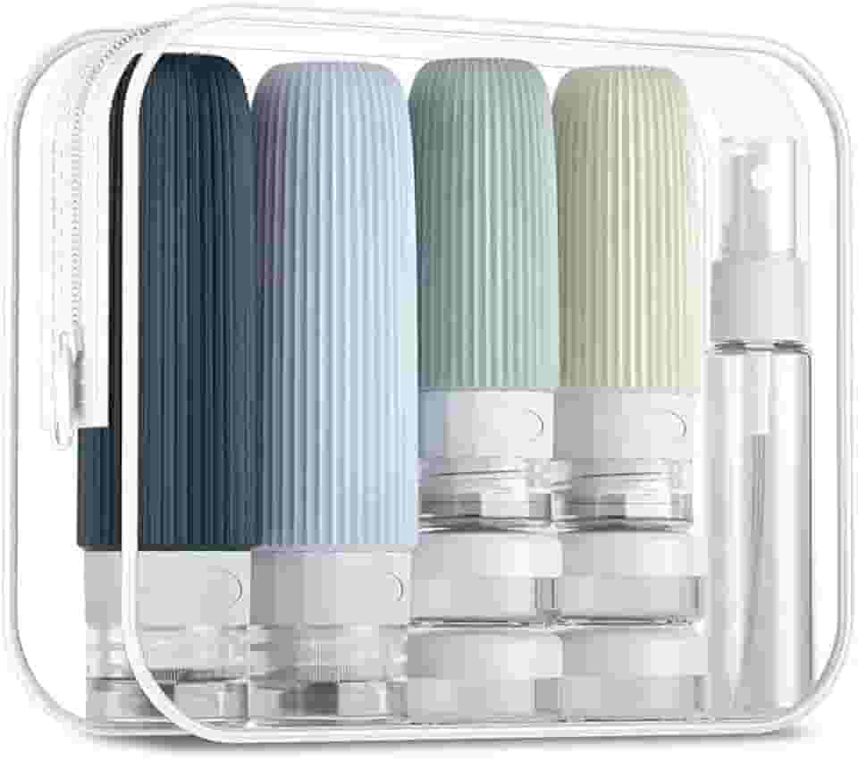 Kit de Frascos de Viagem, 16 Itens, Silicone e Plástico, com Necessaire Transparente, 60ml e 90ml (Cor_K12)