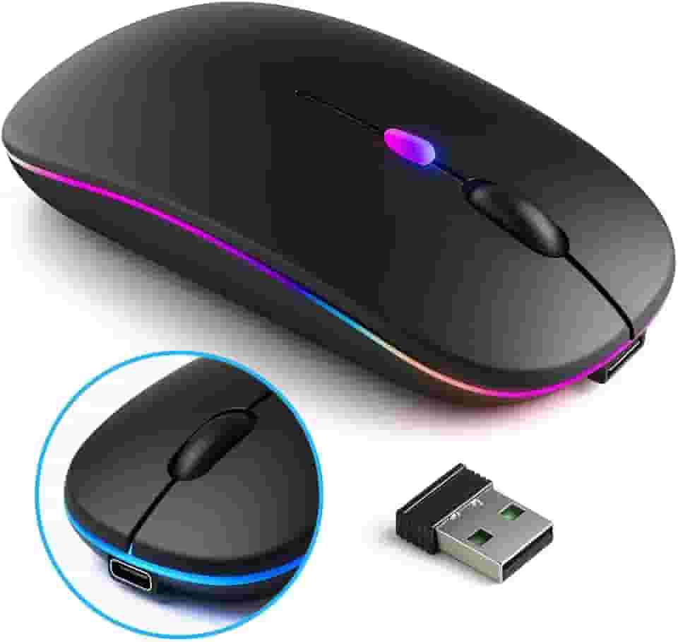 Mouse Sem Fio Recarregável Wireless Bluetooth Óptico LED RGB Ergonômico – USB 2.4GHz, Compatível com Notebook, PC Computador Desktop