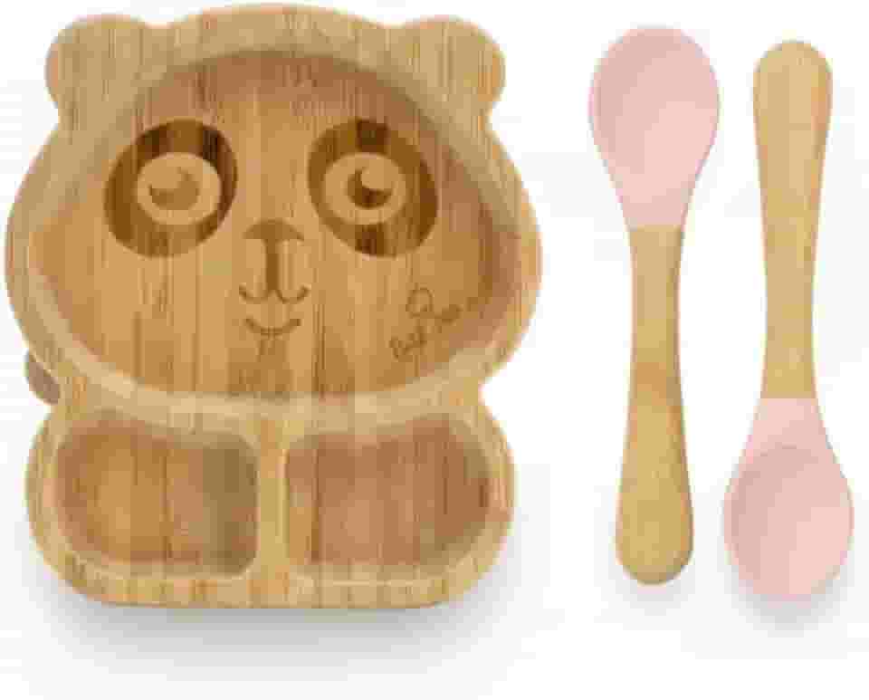 Kit Infantil em Bambu, modelo Pandinha – Prato com Divisórias e Ventosa de Silicone Antiderrapante, Talheres em Bambu e Silicone, Livre de BPA, Rosa- Petit Piá