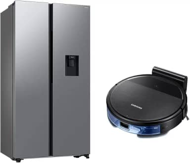 Geladeira Side by Side SmartThings com Dispenser de Água Samsung RS57 Inox 560L 220V + Aspirador Robô com conectividade Wi-FI combo