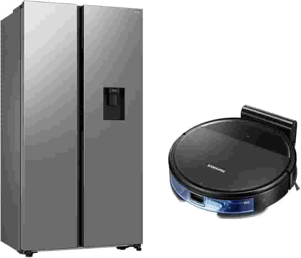 Geladeira Side by Side SmartThings com Dispenser de Água Samsung RS57 Inox 560L 220V + Aspirador Robô com conectividade Wi-FI combo