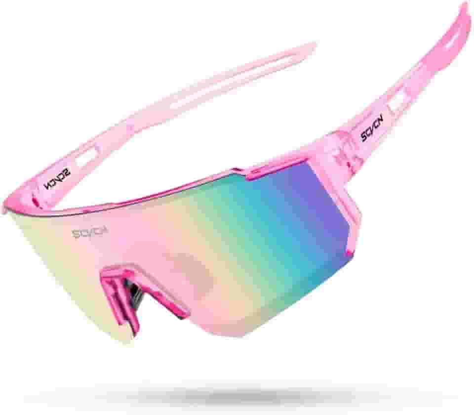 Óculos de Sol Esportivo feminino Seven, Armação Rosa, Lente Espelhada Iridescente