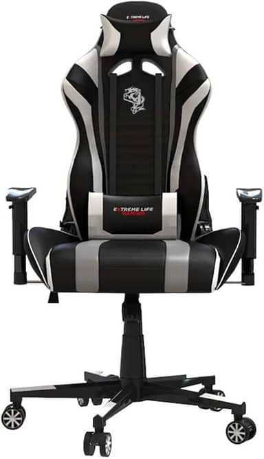 ELG, CH05BKWH, Cadeira Gamer Black Hawk c/Apoio Cervical, Encosto Reclinável, Apoio de Braços, Ajuste de Altura, Inclina 180°, Suporta até 150kg, Preto/Branco