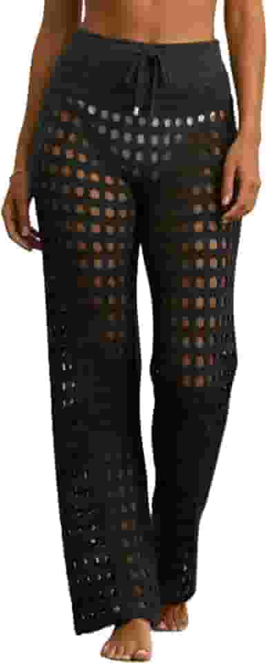 Saída de Praia Calça Feminino Pantalona Crochê Tricô Ajustável Moda Praia Piscina Saida de Banho Luxo